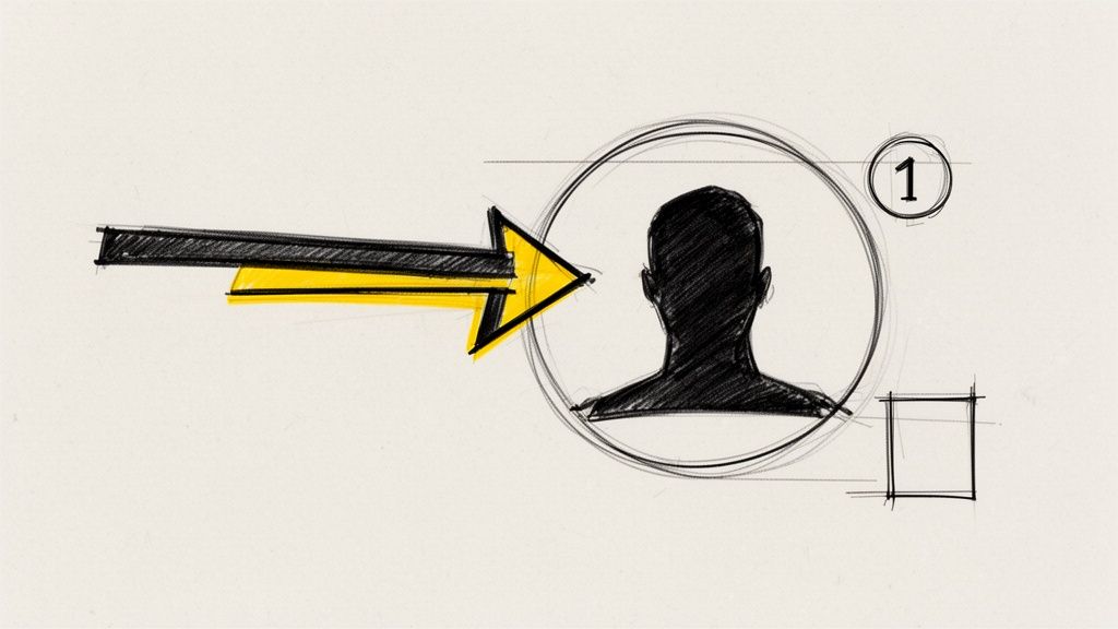 A hand-drawn sketch shows a yellow and black arrow pointing to a person's profile icon, with the number one.