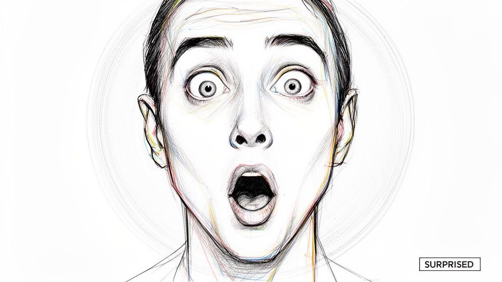A vibrant sketch of a person's face with wide eyes and open mouth, expressing surprise.