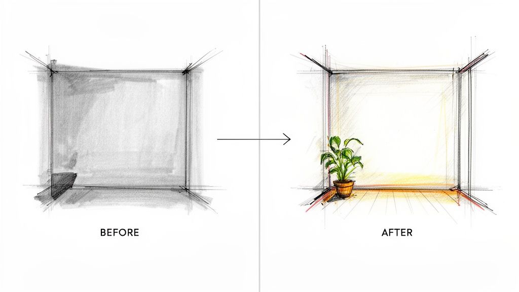 A side-by-side comparison of a room sketch, transforming from a gray, empty corner to a colorful space with a plant.