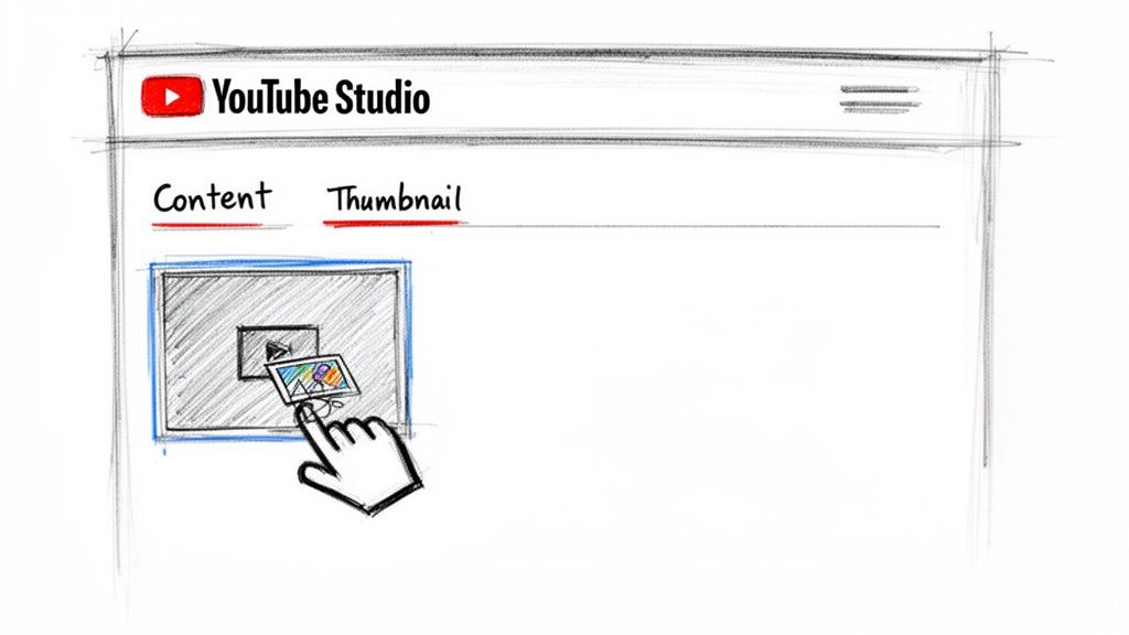 A sketch illustrating a hand dragging a custom thumbnail onto a video in YouTube Studio.