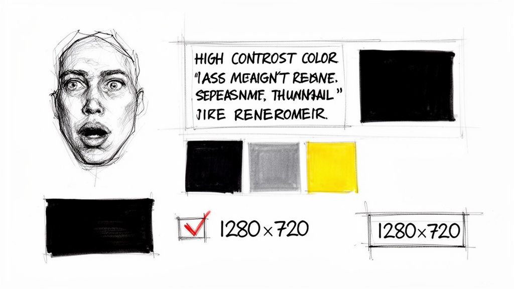 Hand-drawn sketch of a shocked face, color swatches, and 1280x720 resolution guides.