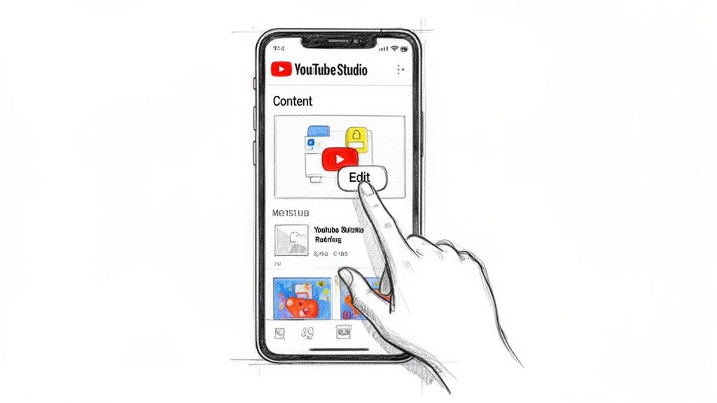 A hand tapping the 'Edit' button in the YouTube Studio app on a smartphone.