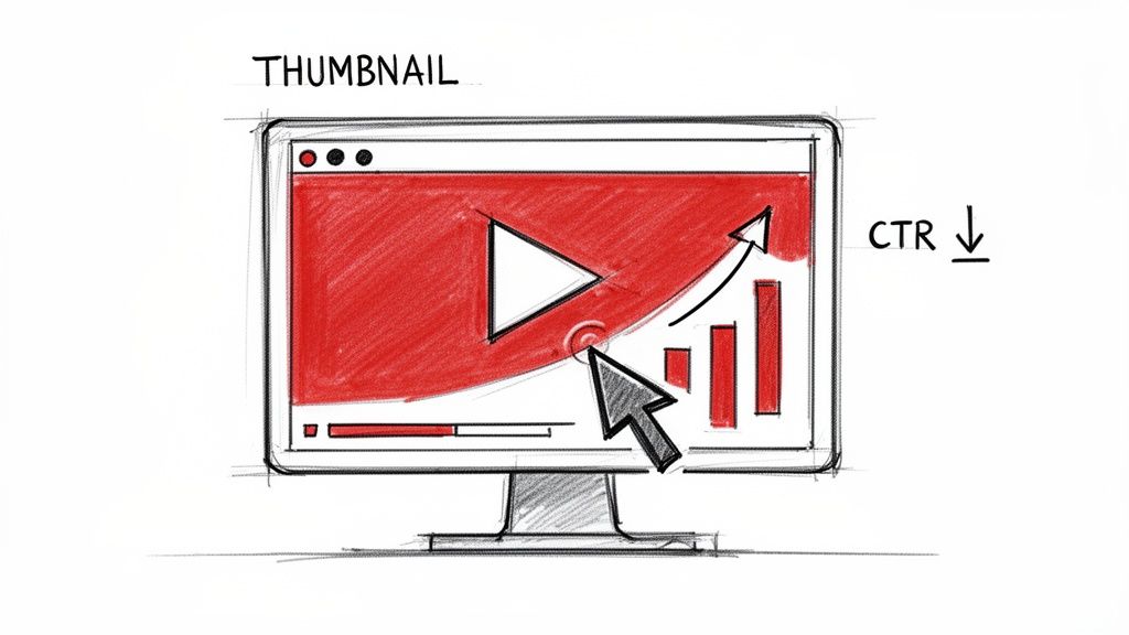 Monitor displays a video thumbnail with a play button, a performance graph, and a mouse cursor, showing decreasing CTR.