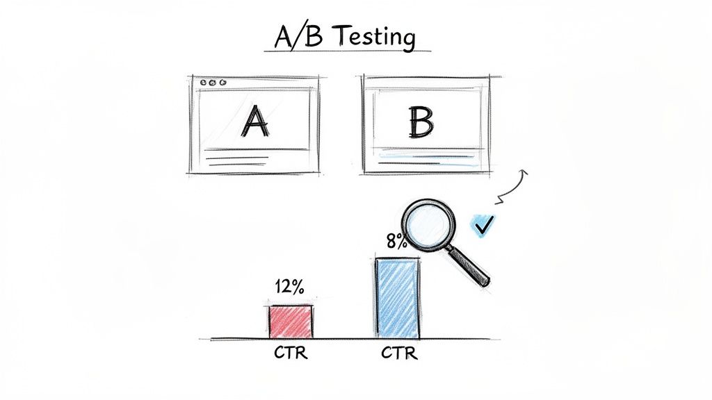 A sketch of A/B testing, comparing webpage versions A and B, showing CTRs of 12% and 8%.