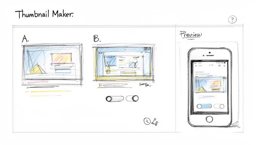 Hand-drawn sketches showing two different thumbnail designs (A and B) and a mobile phone preview for a 'Thumbnail Maker' interface.
