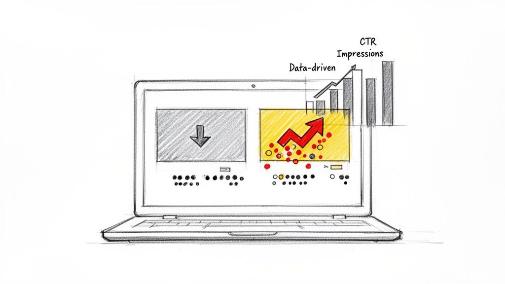 Sketch of a laptop showing YouTube thumbnail A/B testing and data-driven optimization leading to increased CTR and impressions.