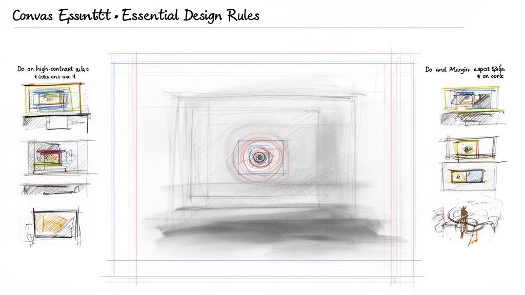 Sketches illustrating essential design rules including contrast, margins, and aspect ratio on a canvas.