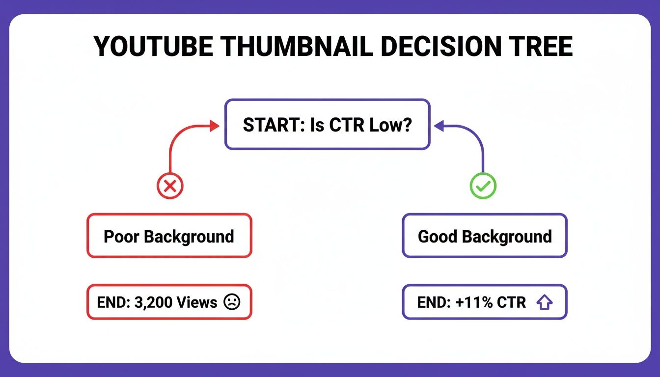 A YouTube thumbnail decision tree illustrating how a low CTR can be improved by using a good background.