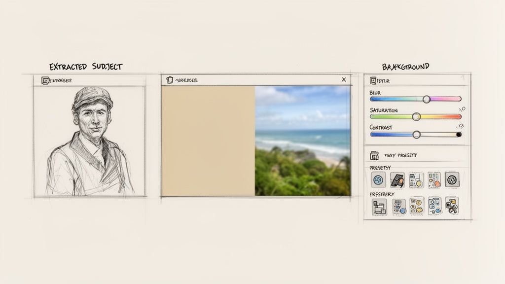 A sketch-style user interface demonstrates photo editing, showing an extracted subject and background adjustments with sliders and presets.