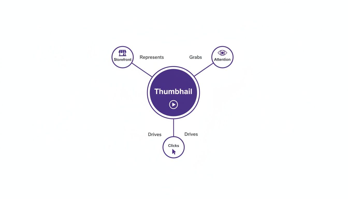 A purple mind map diagram illustrating a thumbnail's role in representing a storefront, grabbing attention, and driving clicks.