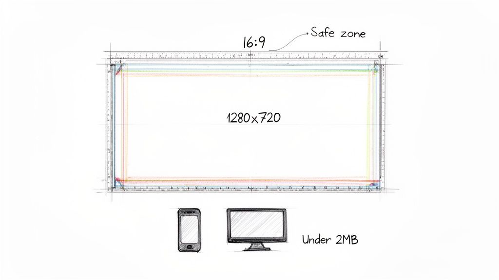 Sketch shows 16:9 aspect ratio, 1280x720 resolution, safe zone, for mobile and desktop, under 2MB.