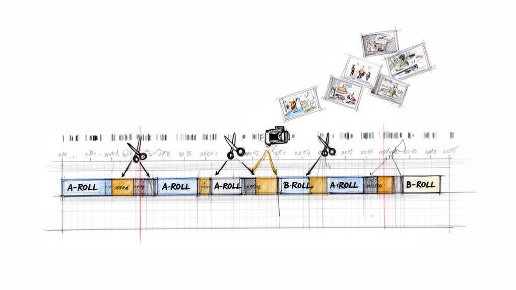 Sketch of a video editing timeline showing A-roll, B-roll, cuts, and visual footage integration.