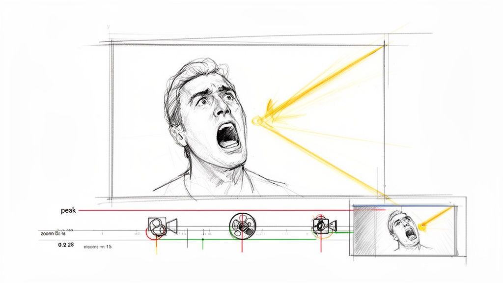 Storyboard drawing of a man screaming, hit by a light beam, with a video editing timeline.