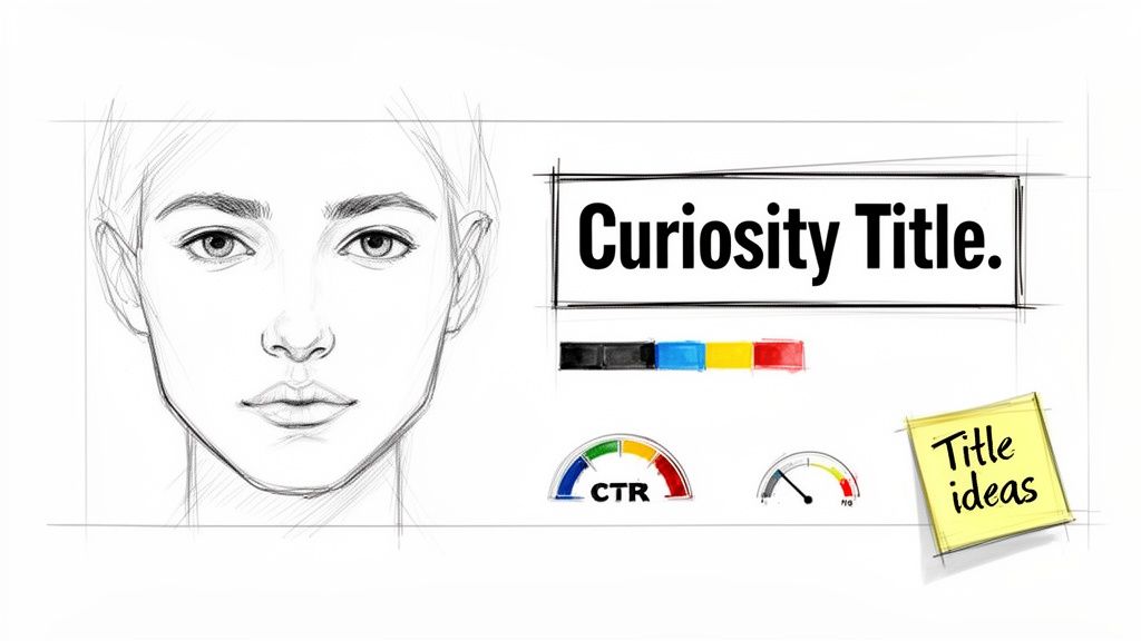 An illustrated whiteboard displays a face sketch, 'Curiosity Title,' color swatches, CTR gauges, and a 'Title ideas' sticky note.