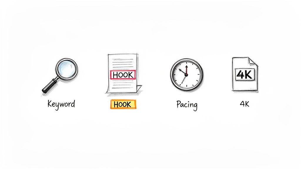 Four hand-drawn icons representing content optimization strategies: keyword, hook, pacing, and 4K.