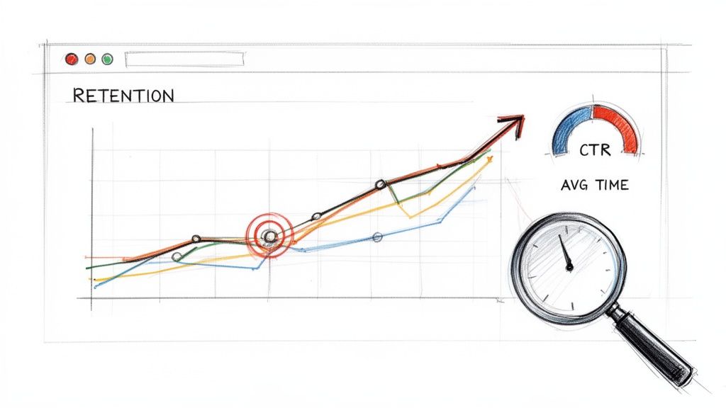 Hand-drawn browser showing a retention graph trending upward, alongside CTR and average time metrics.