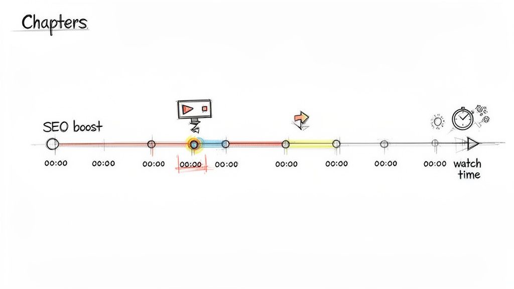 A hand-drawn timeline illustrating video chapters, SEO boost, and watch time with multiple 00:00 markers.