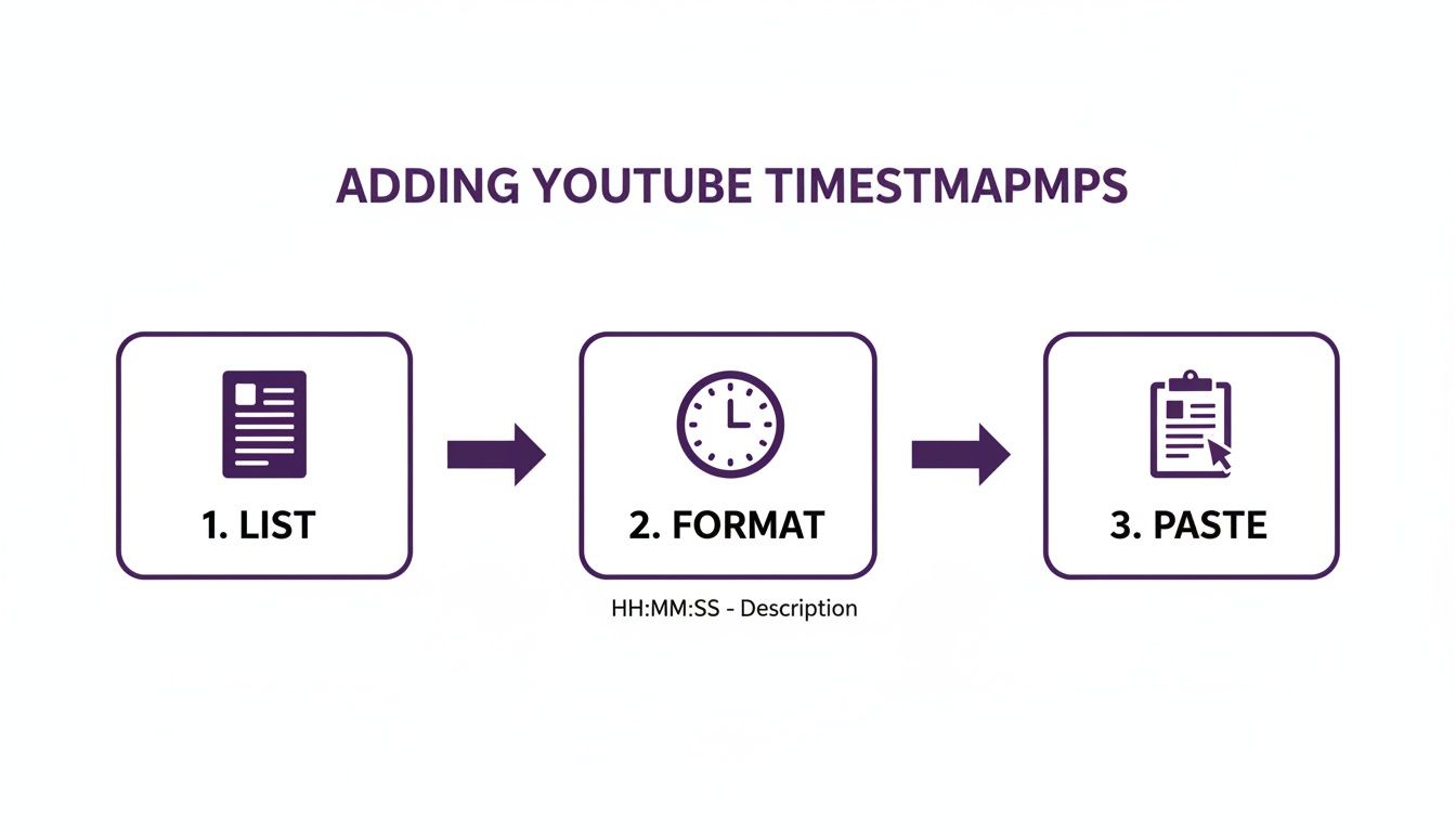 Visual guide detailing three steps to add YouTube video timestamps: list, format, then paste.