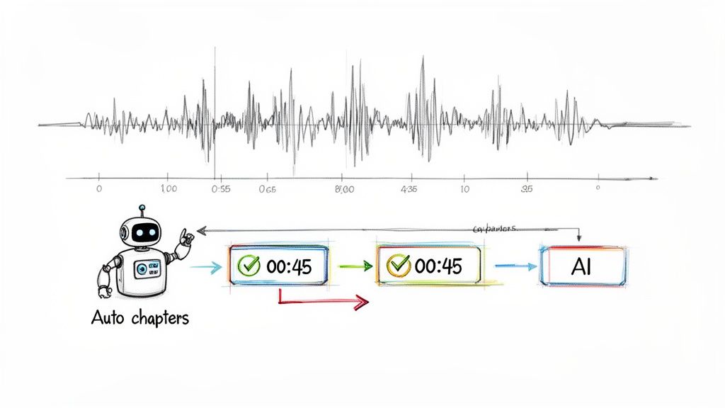 A robot processes an audio waveform to automatically generate video chapters, using AI for segmentation.