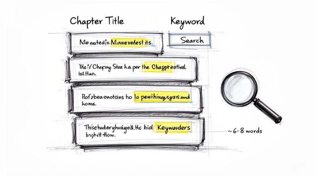 A hand-drawn diagram illustrating chapter titles and associated keywords, with a search box and magnifying glass.