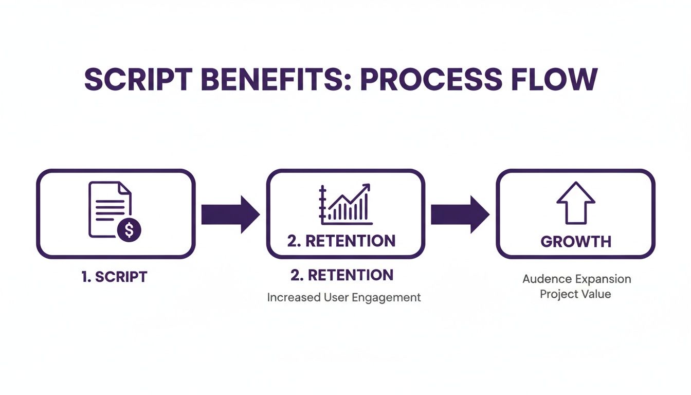 Process flow diagram illustrating script benefits, retention, user engagement, audience expansion, and project value growth.