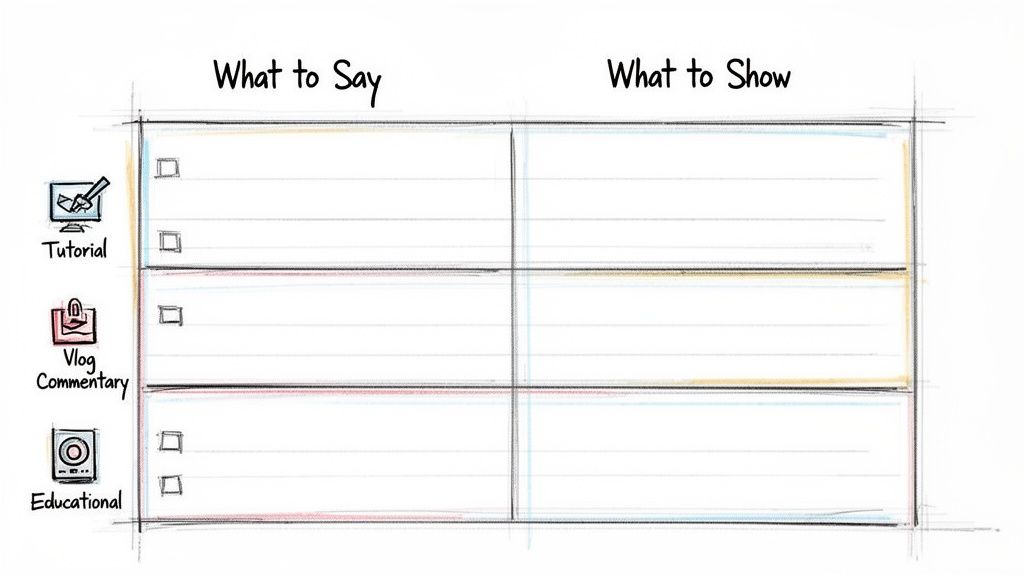 A planning template for YouTube videos, detailing what to say and show for tutorials, vlogs, and educational content.