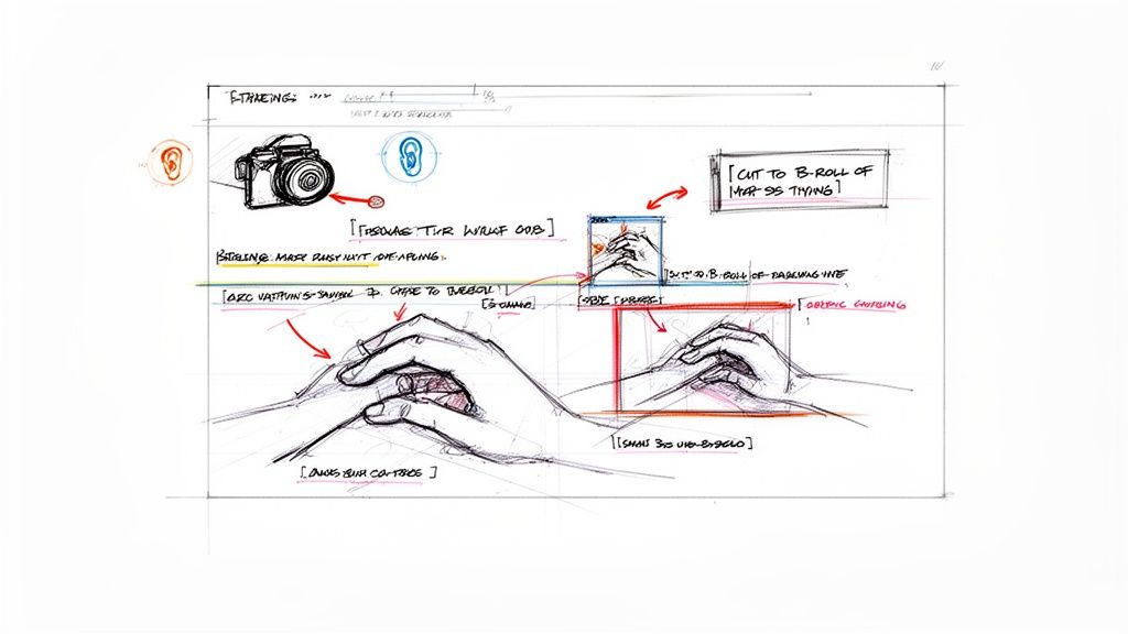 Detailed storyboard sketch illustrating video production ideas with hand gestures and camera equipment.