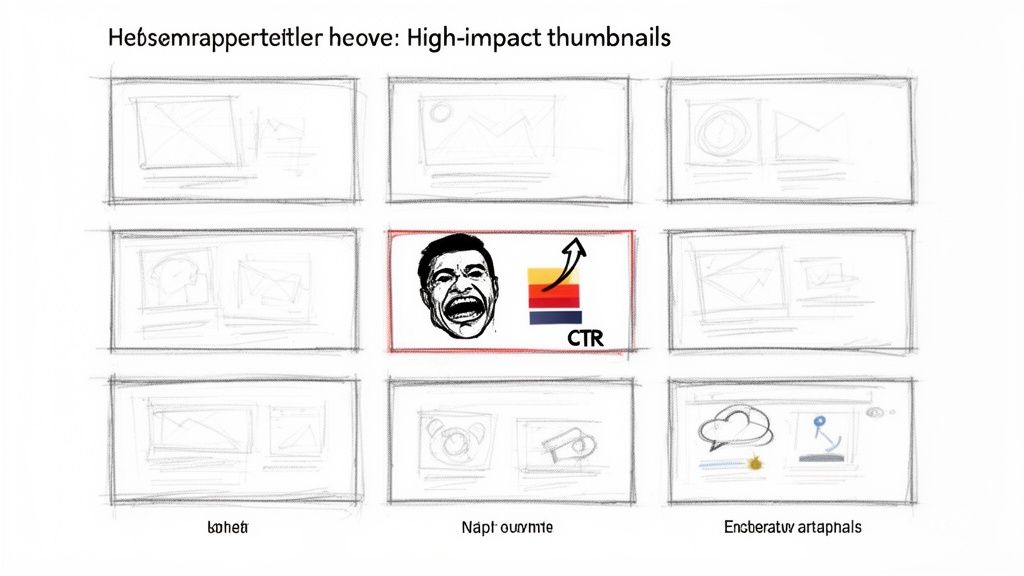 Grid of sketched high-impact thumbnails, central one shows screaming face and CTR.