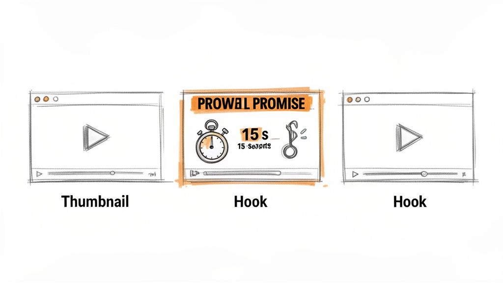 Illustration showing a standard video thumbnail and an optimized 15-second video hook with a stopwatch.