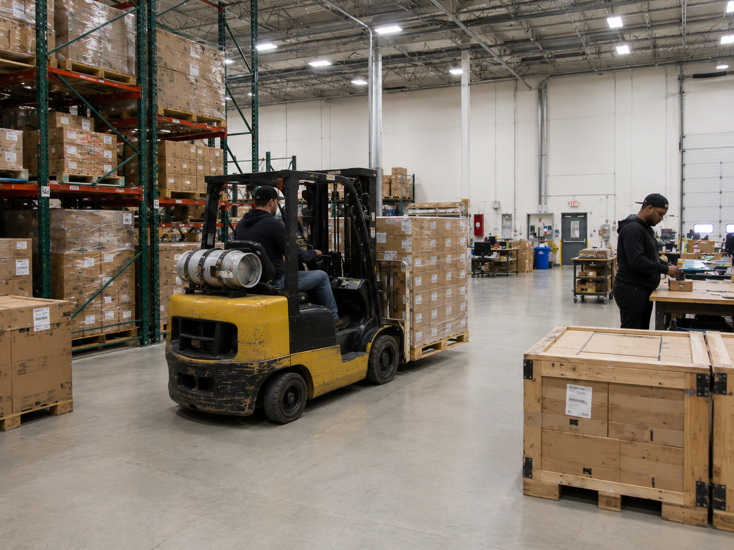 Forklift moving a wood crate past pallet racking on the warehouse floor