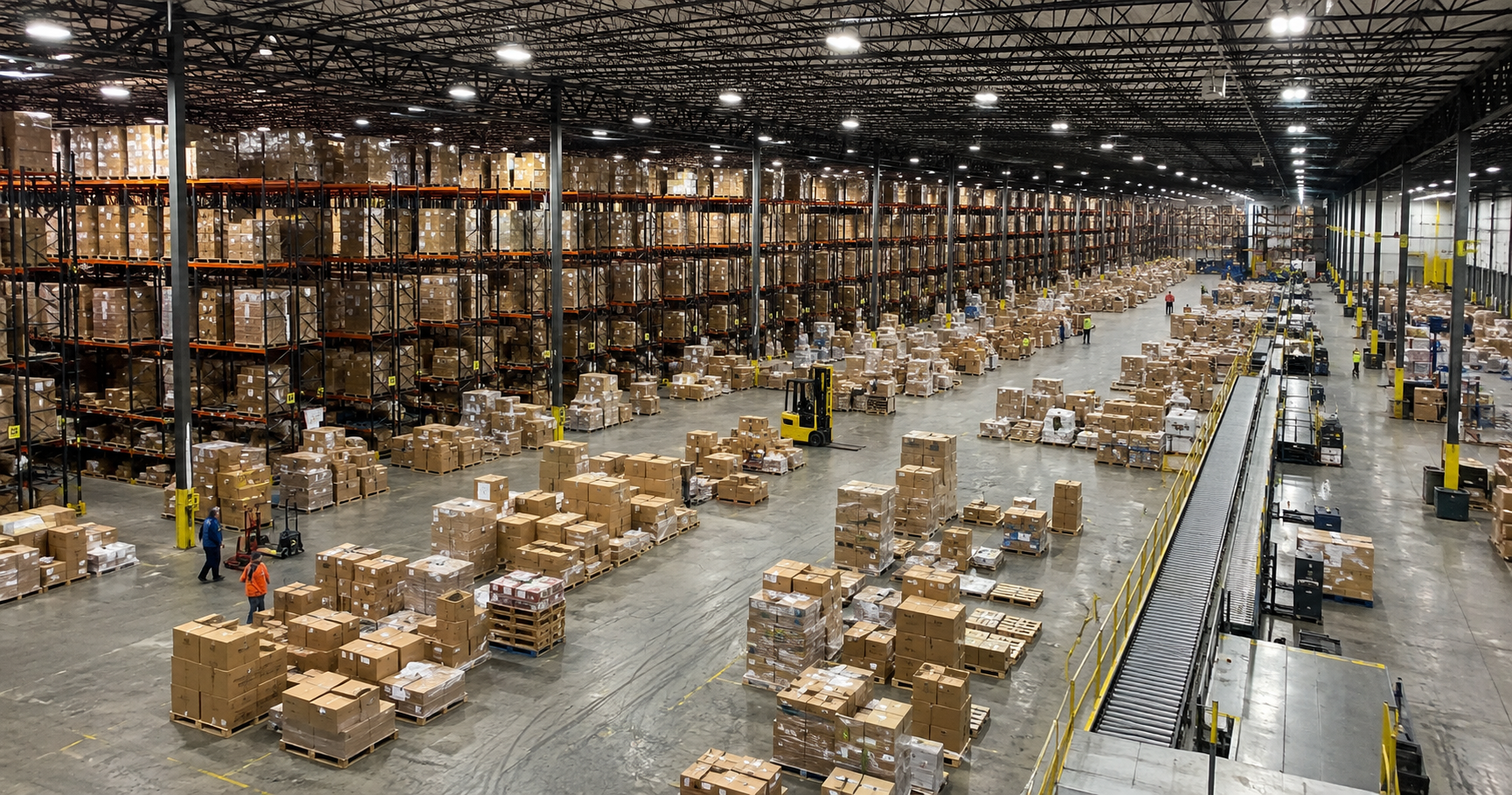 Elevated view of SJM ReCommerce's warehouse floor showing rows of palletized inventory, tall pallet racking, and staff walking the floor near the conveyor line