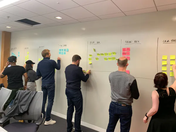 Wandr team mapping ideas with sticky notes in a design workshop