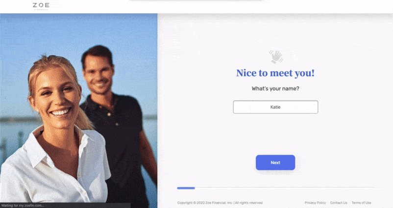 Onboarding UX Progress Bar of ZoeFin designed by the best Product Strategy and UX Design Firm in LA and SF
