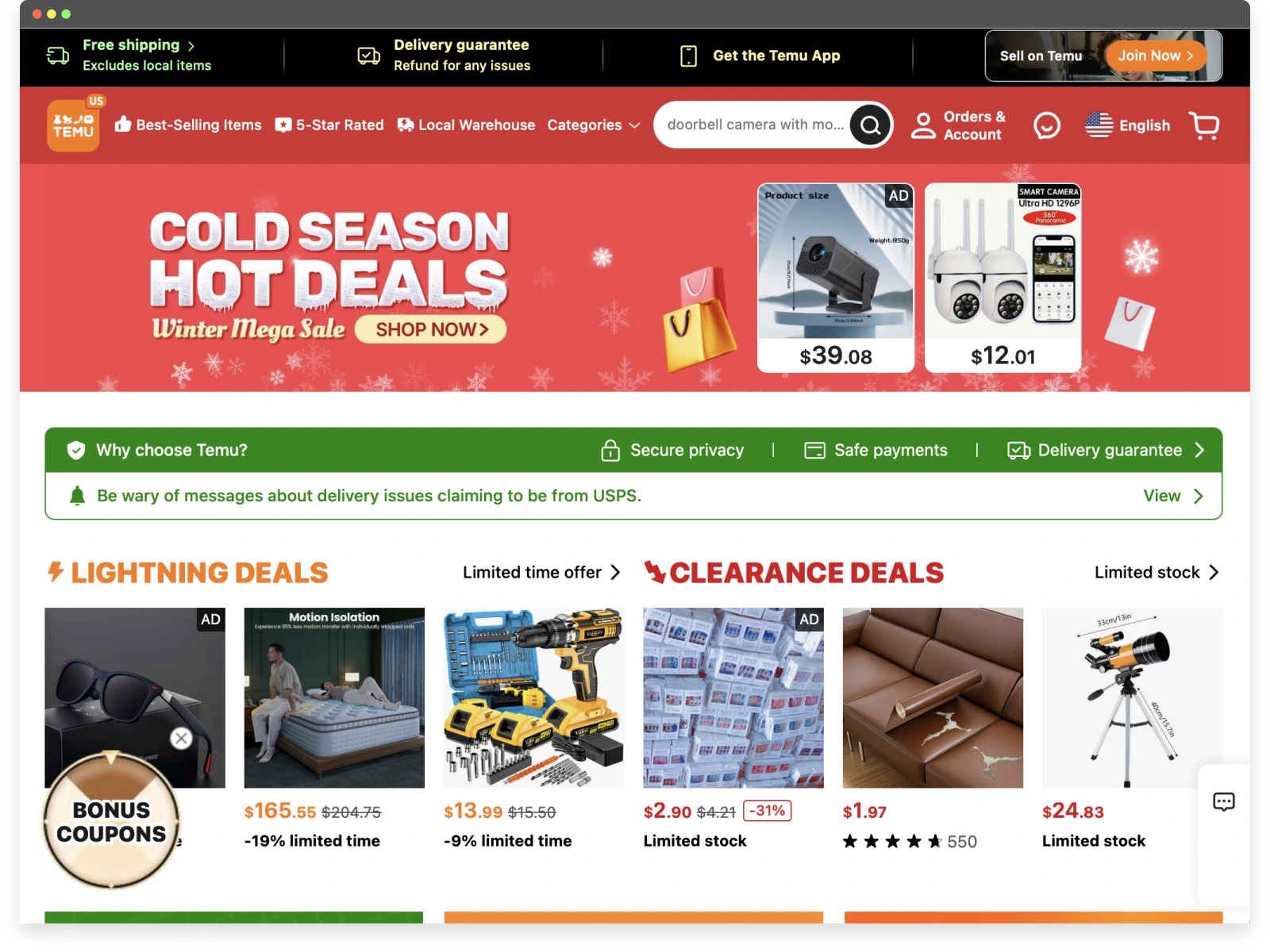 Screenshot of Temu’s website UX highlighting gamified discounts and urgency-driven promotions