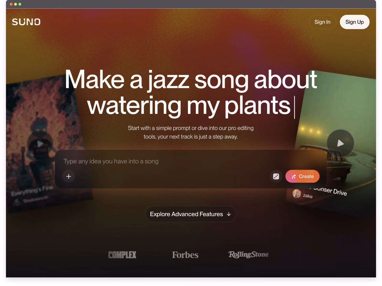 Screenshot of Suno’s website UX featuring an AI music prompt interface above the fold