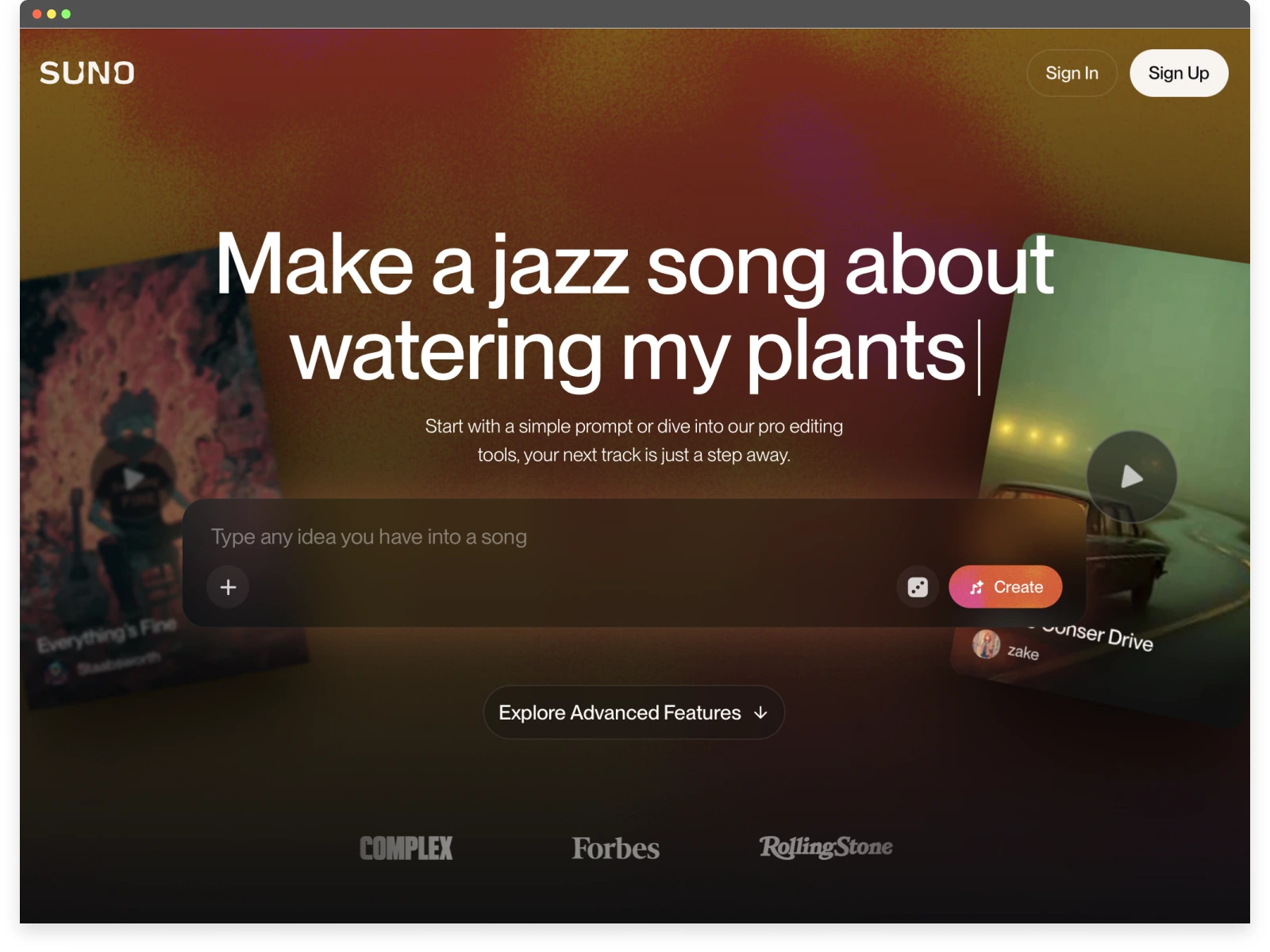 Screenshot of Suno’s website UX featuring an AI music prompt interface above the fold