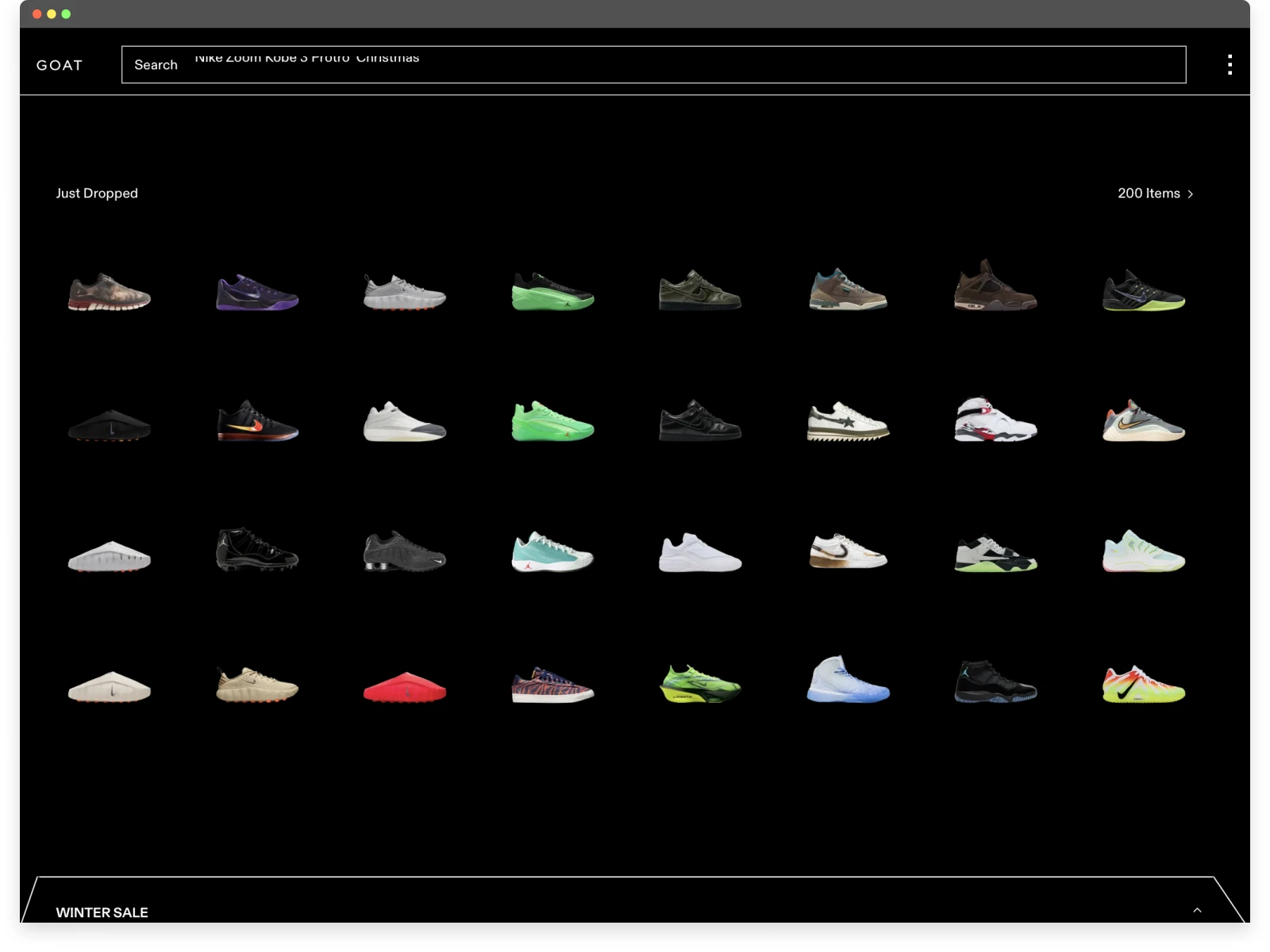 Screenshot of GOAT’s website UX showcasing sneaker listings in a clean marketplace layout