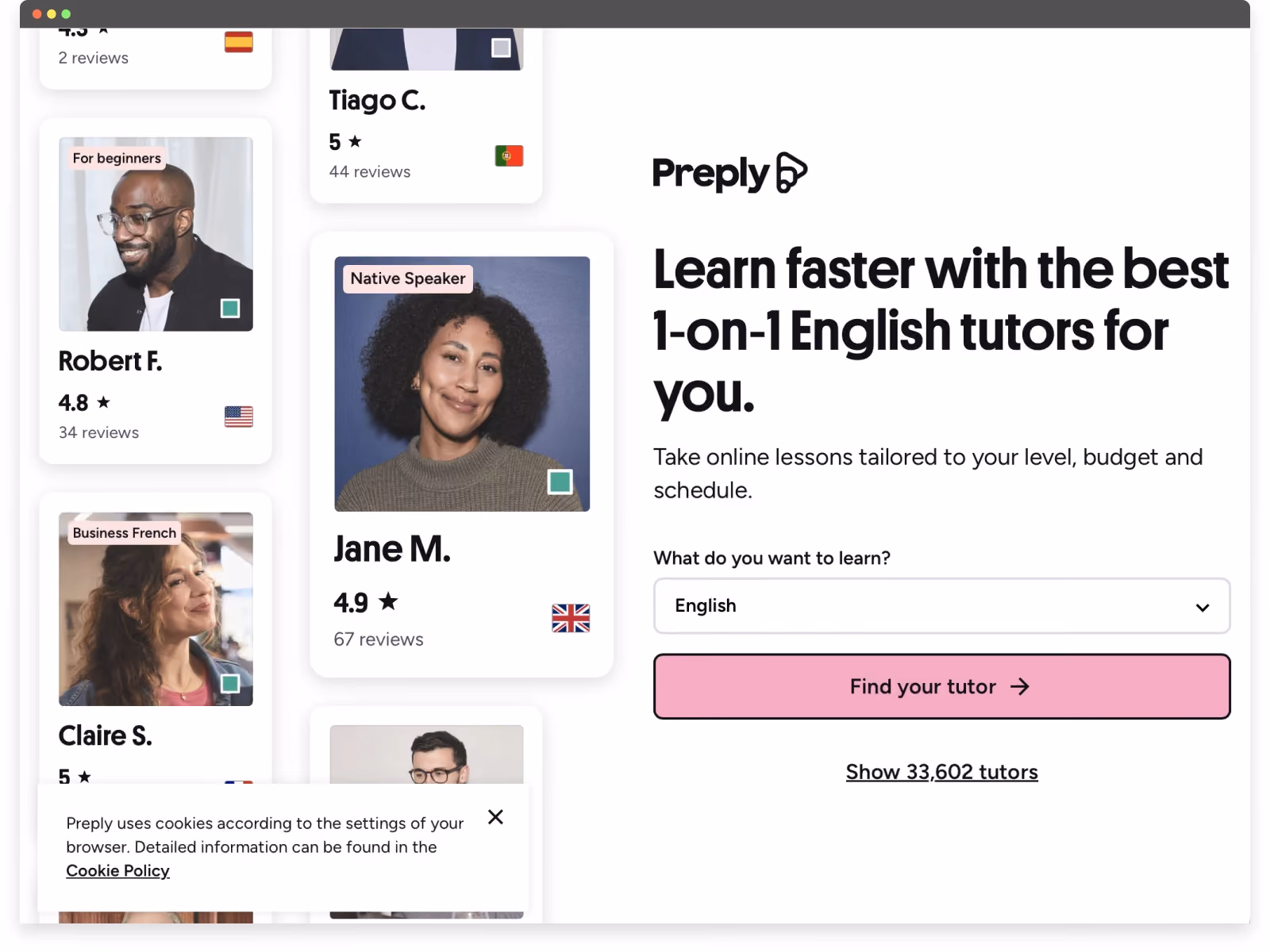 Screenshot of Preply’s website UX guiding users through the first step of finding a tutor