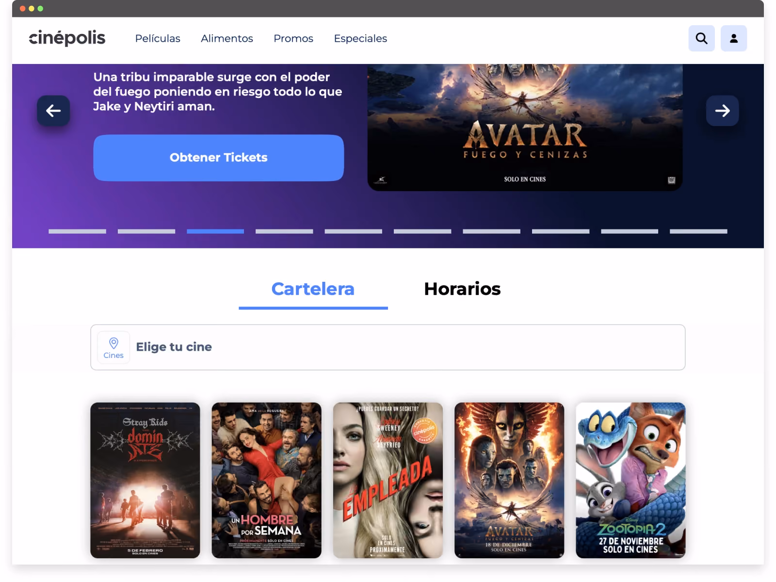 Screenshot of Cinépolis website UX showing movie listings and showtime options