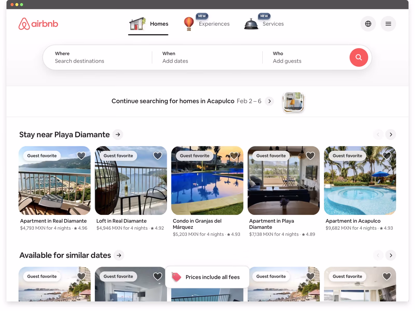 Screenshot of Airbnb’s website UX displaying visual property listings and pricing information