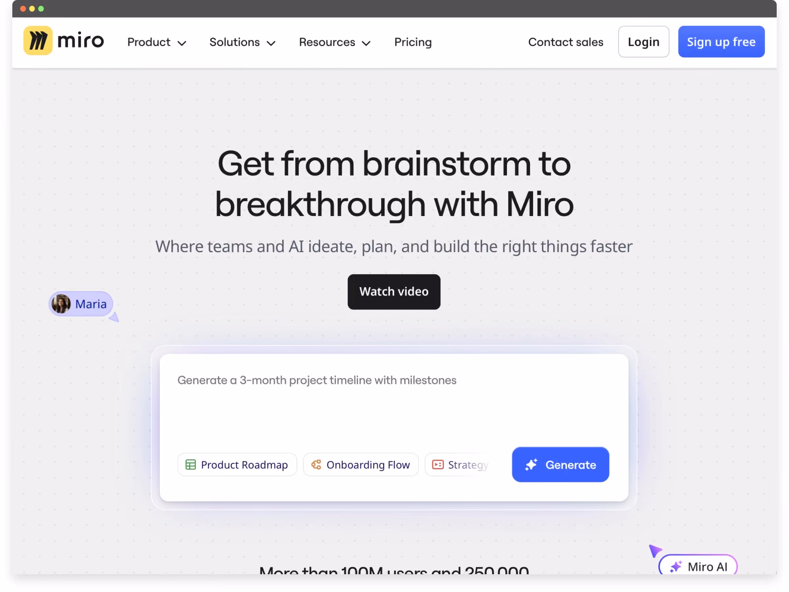 Screenshot of Miro’s website UX with an interactive homepage that mirrors the product canvas