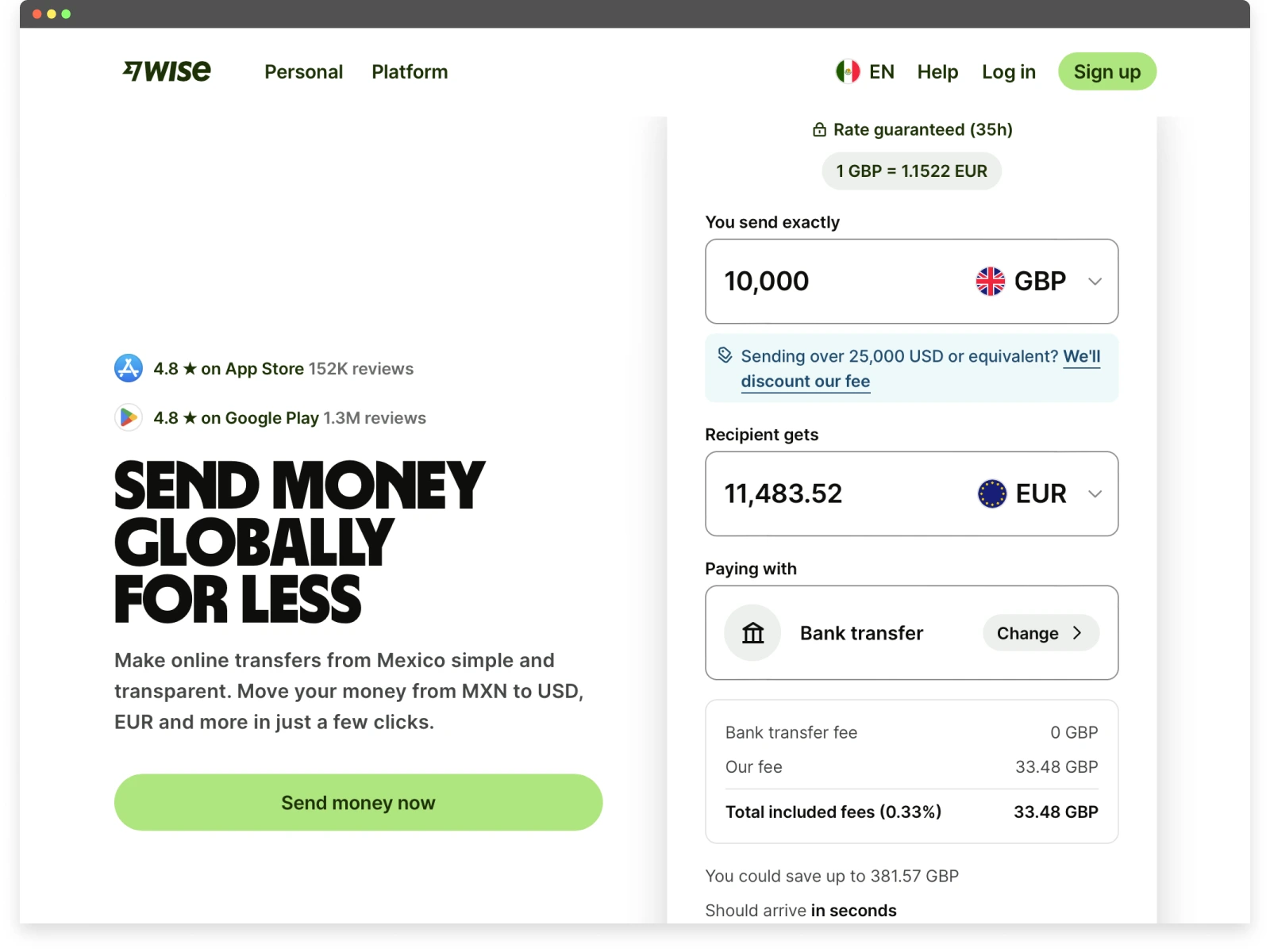 Screenshot of Wise’s website UX showing an interactive currency converter with real exchange rates