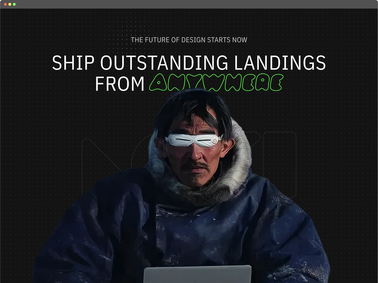 Loki SaaS website with retro video-game inspired typography, neon green accents, and a cool looking eskimo using a laptop