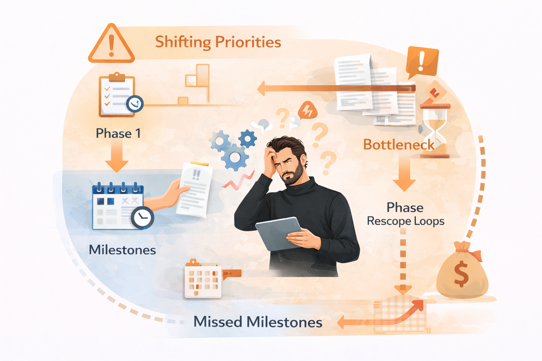 Diagram illustrating challenges design agencies face when product priorities change