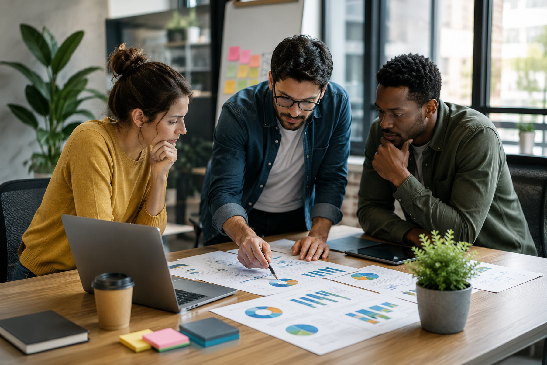 Three startup team members collaborate around a table in a modern office, reviewing printed analytics charts and discussing data-driven business strategies using laptops and reports.