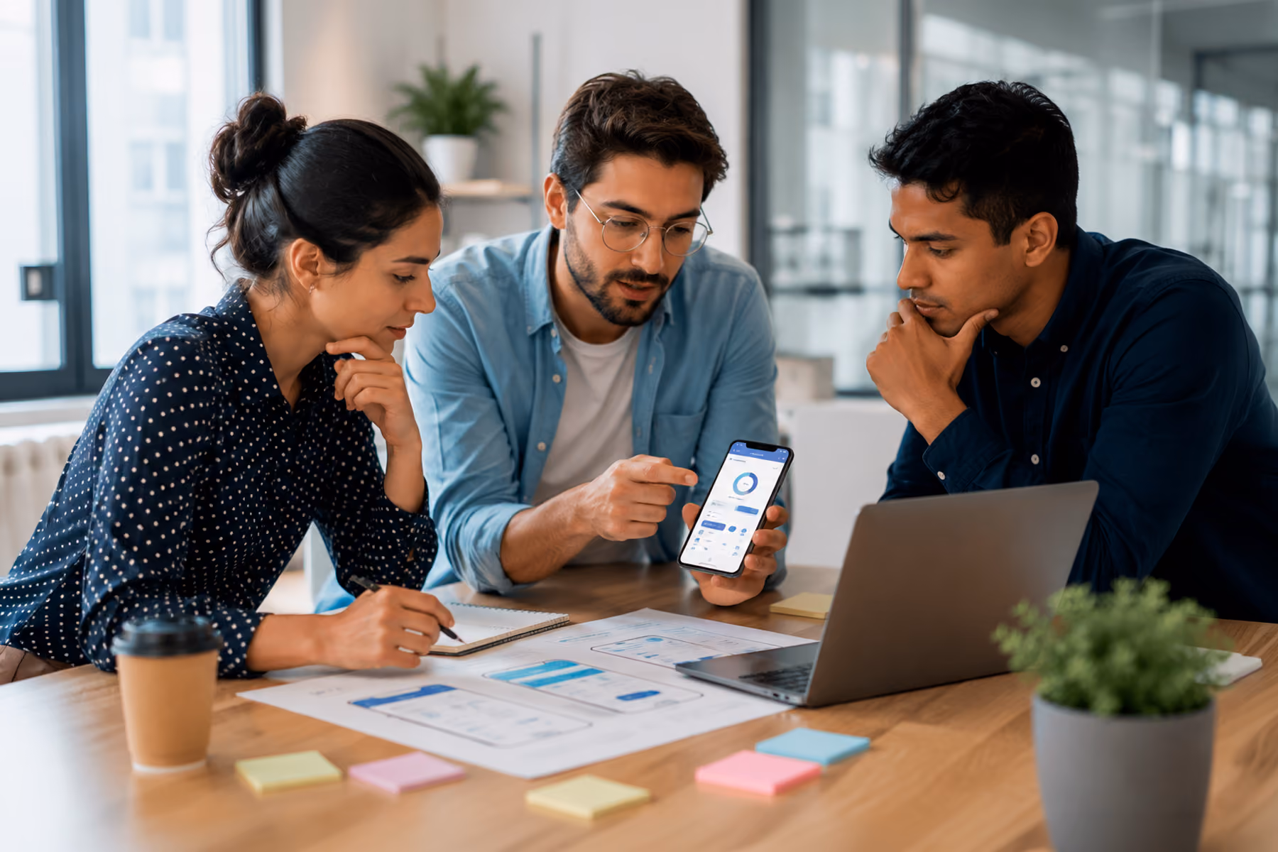 Three professionals collaborate in a modern office while reviewing a fintech mobile app interface, discussing UX improvements and digital customer experience strategies around a table with laptops and wireframes.