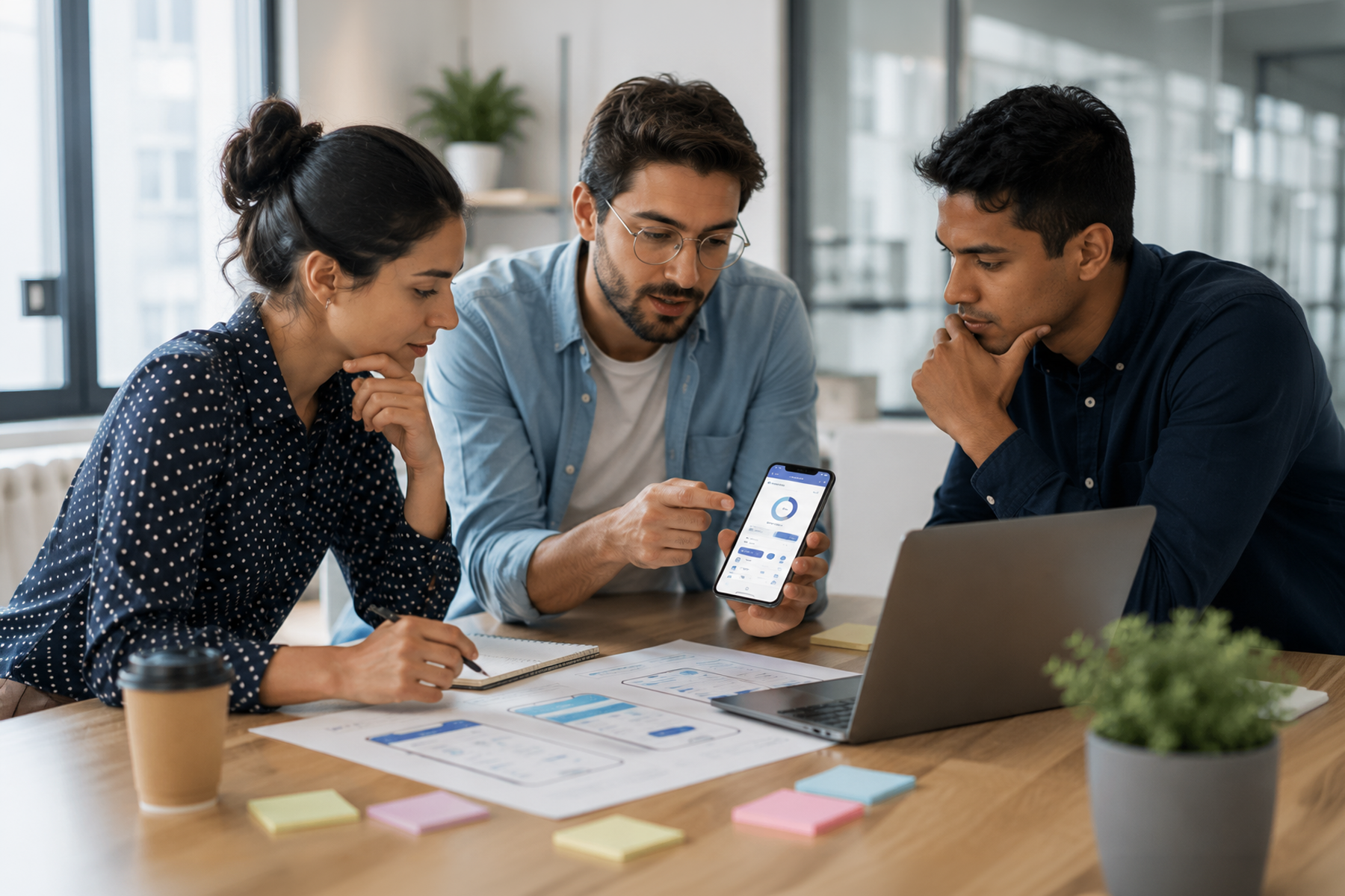 Three professionals collaborate in a modern office while reviewing a fintech mobile app interface, discussing UX improvements and digital customer experience strategies around a table with laptops and wireframes.