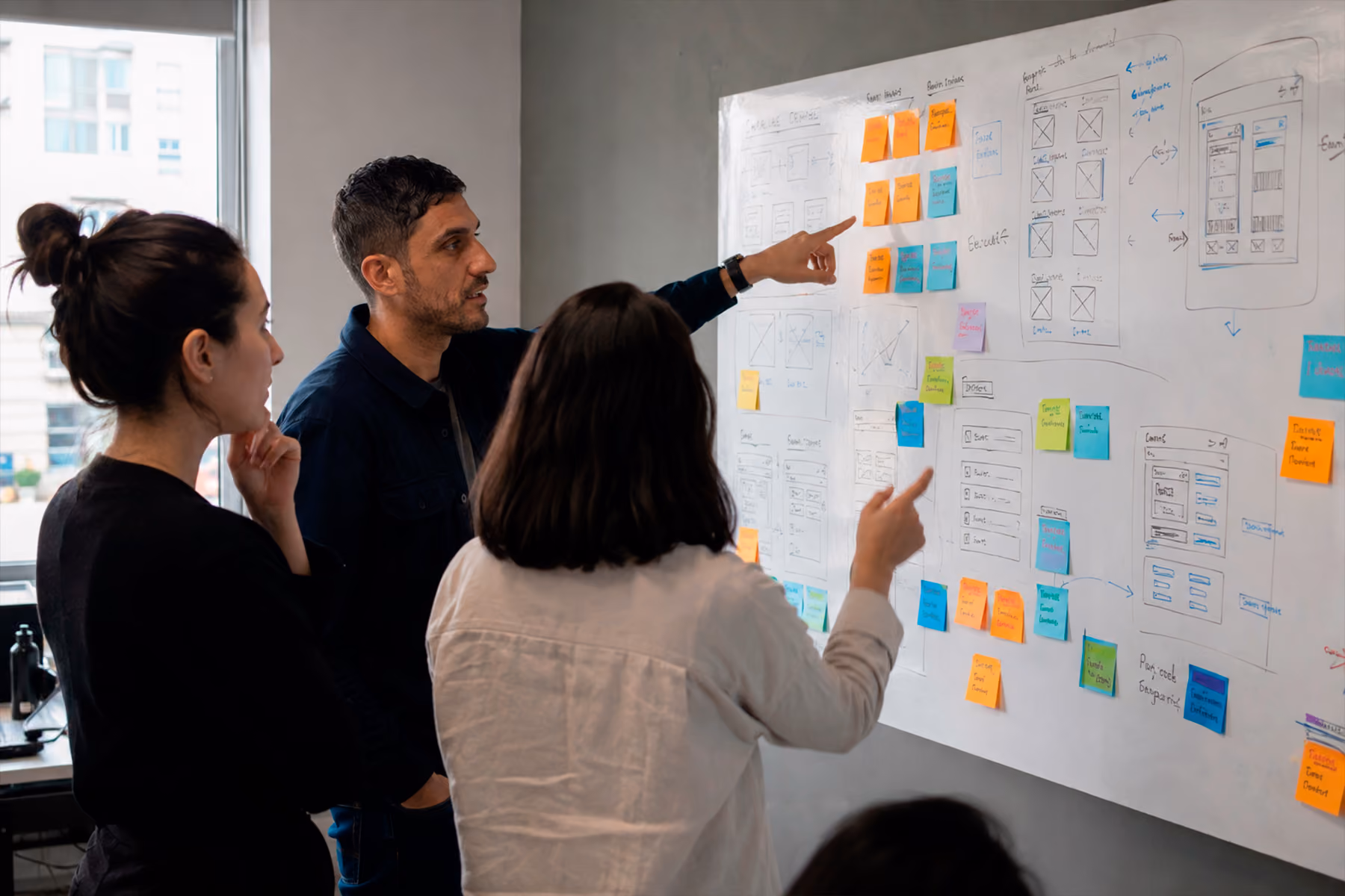 UX designers gathered around a whiteboard reviewing wireframes during a product design session