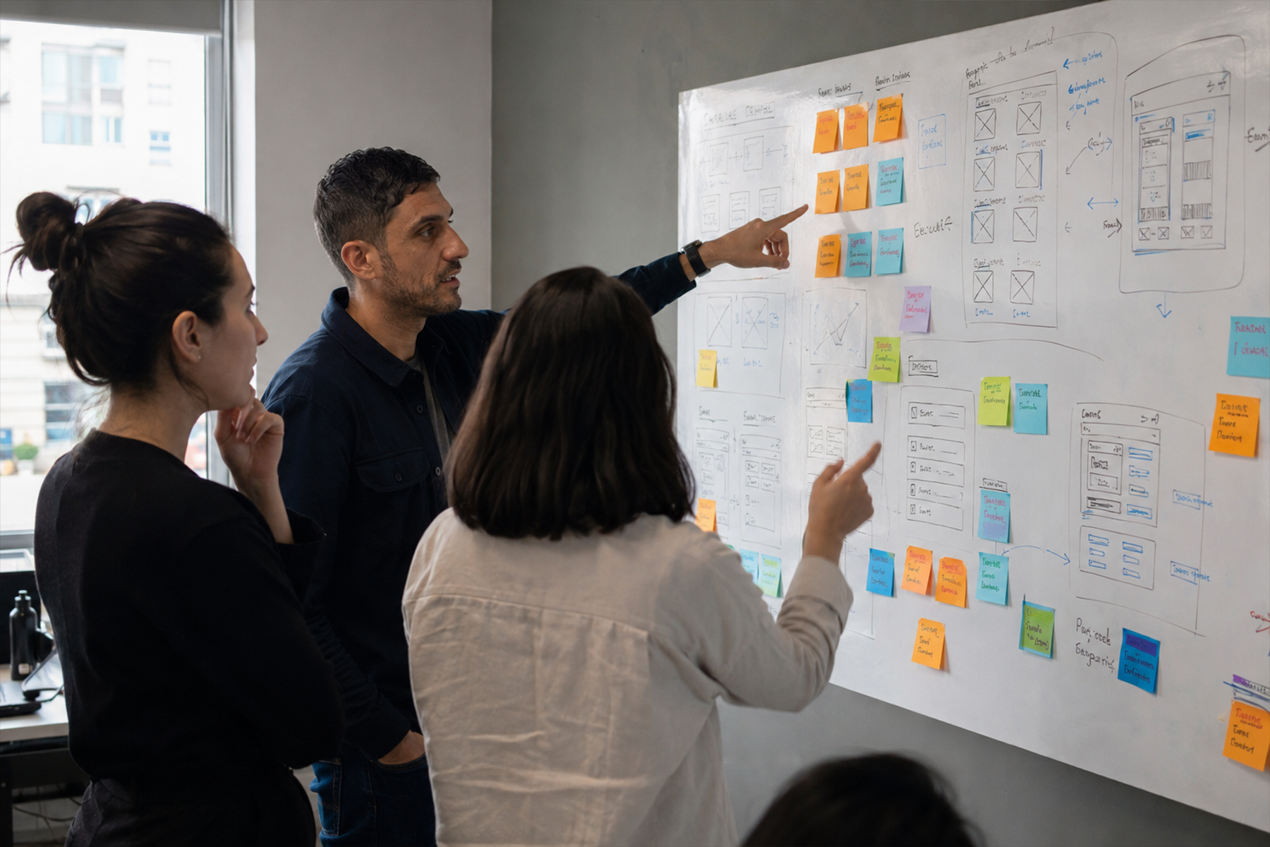 UX designers gathered around a whiteboard reviewing wireframes during a product design session