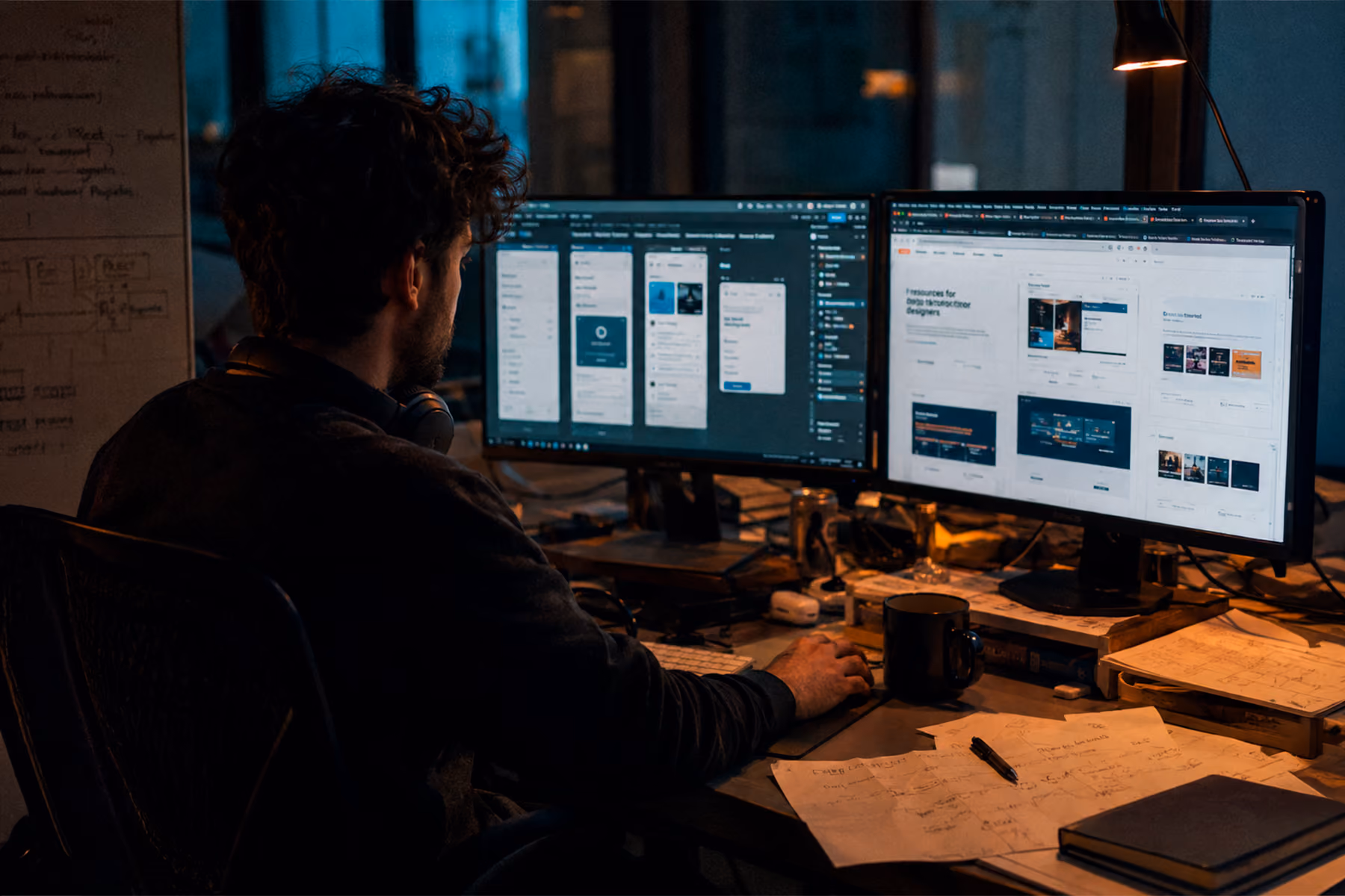 Junior UX designer working alone late at night surrounded by multiple screens and design files